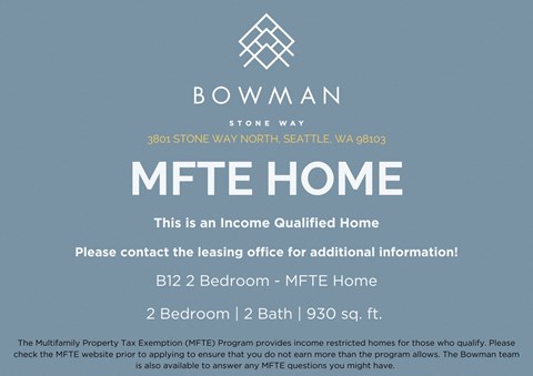 An advertisement for a 2 bedroom, 2 bath MFTE home located at 3801 Stone Way North Seattle, WA 98103.